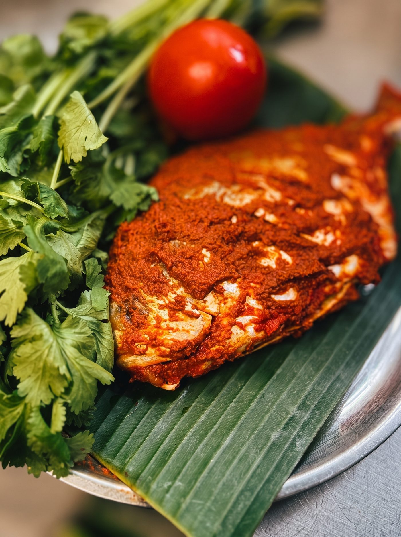 Masala pomfret on a banana leaf